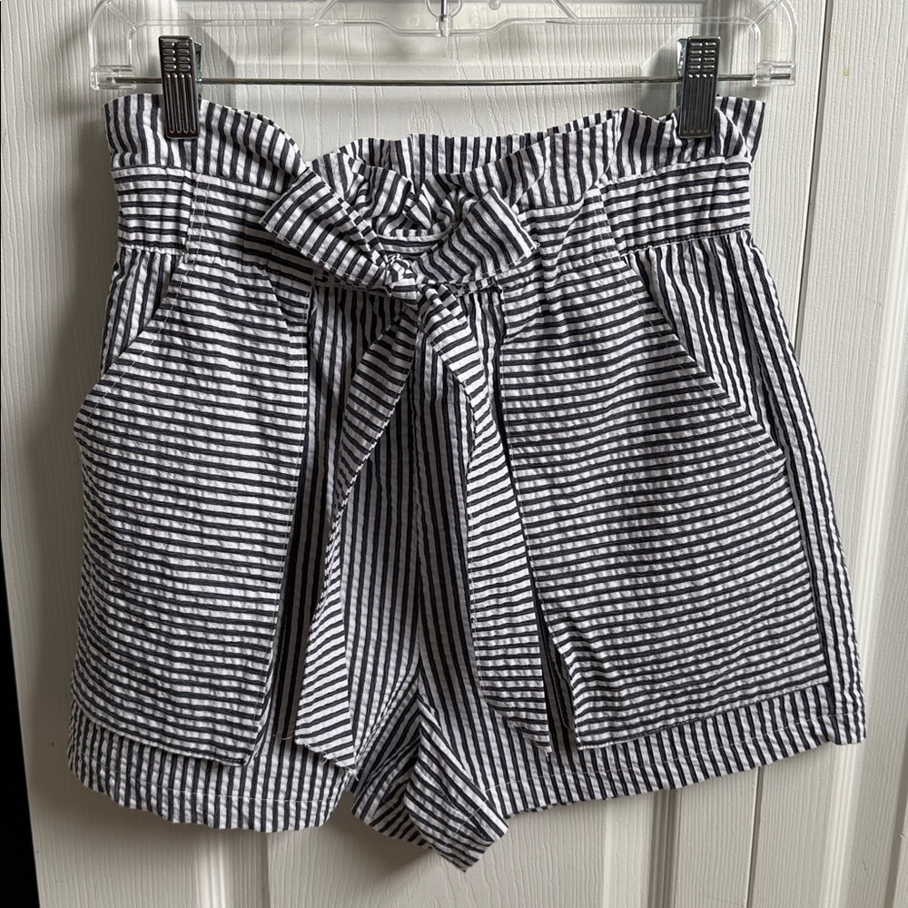 Zara Navy and White Striped Paperbag waist Shorts